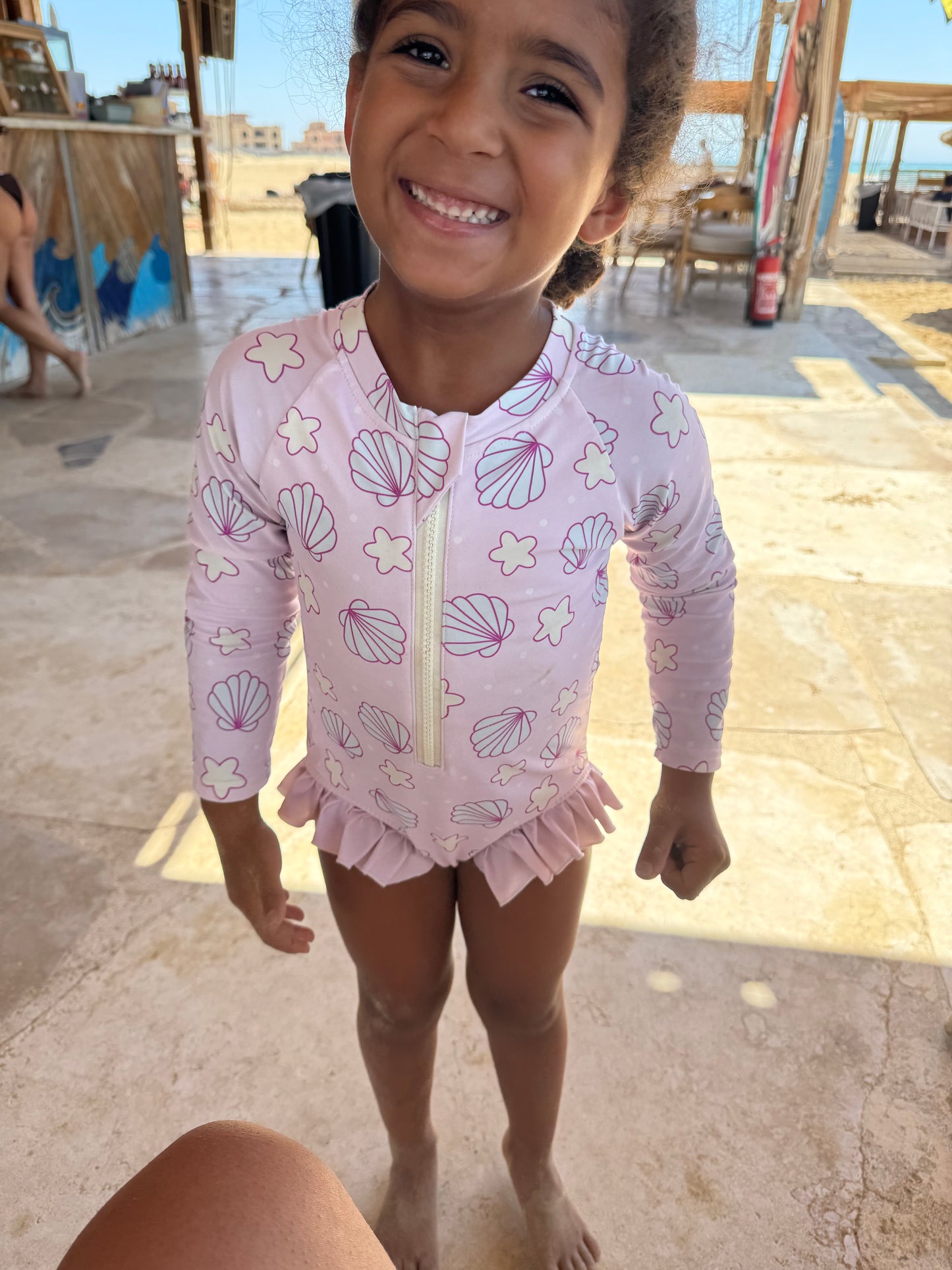 Mermaid Drift – Lavender Seashell Rashguard Swimsuit With Ruffles🧜♀️