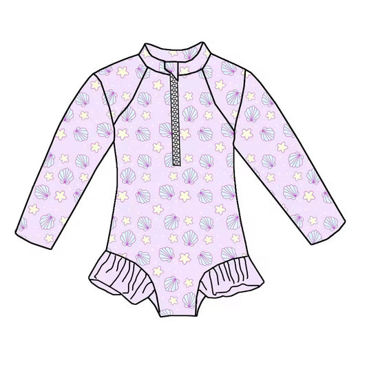 Mermaid Drift – Lavender Seashell Rashguard Swimsuit With Ruffles🧜♀️