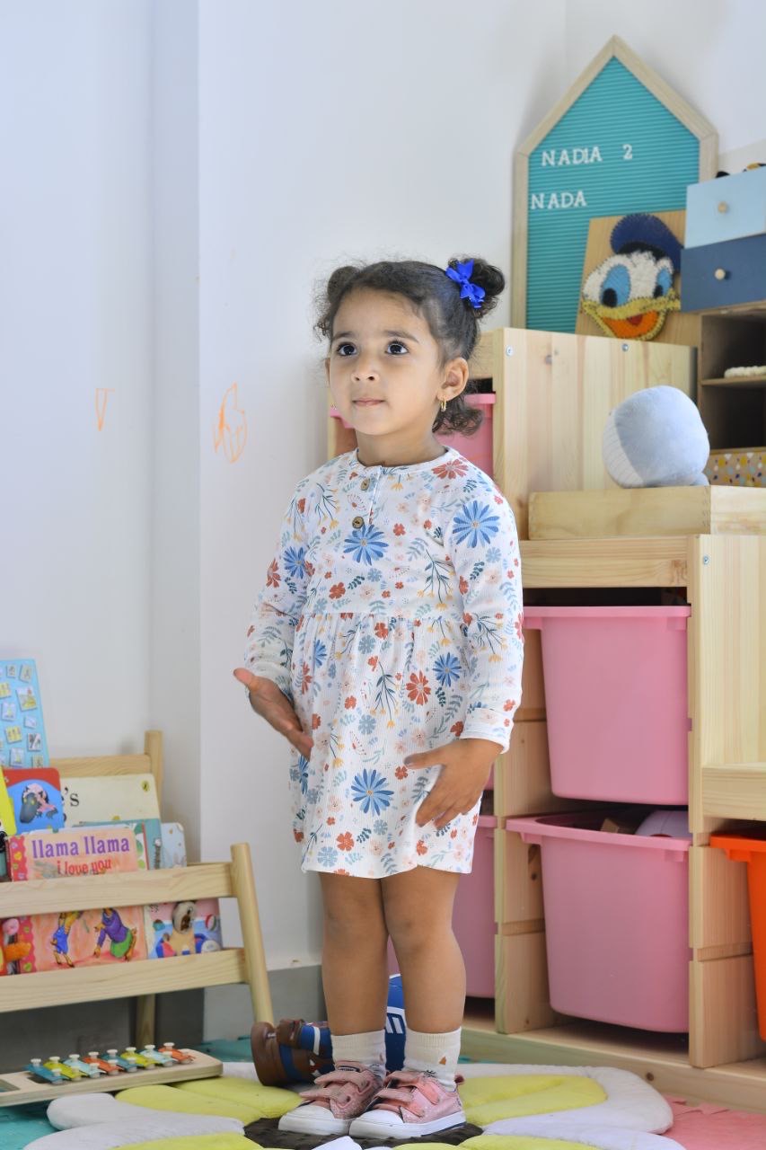 Long Sleeve Button Ribbed Organic Printed Cotton Dress