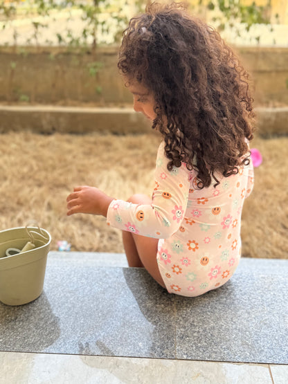 Blush Break – Retro Floral Rashguard Swimsuit