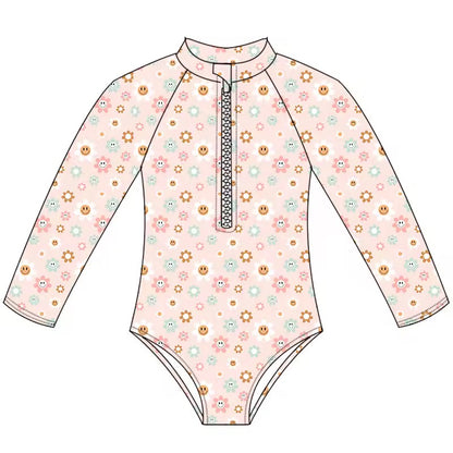 Blush Break – Retro Floral Rashguard Swimsuit