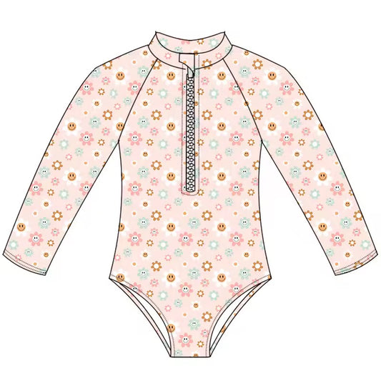 Blush Break – Retro Floral Rashguard Swimsuit