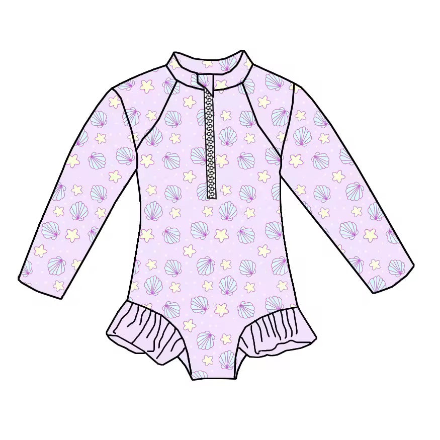 Mermaid Drift – Lavender Seashell Rashguard Swimsuit With Ruffles🧜‍♀️