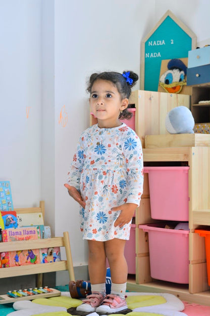 Long Sleeve Button Ribbed Organic Printed Cotton Dress