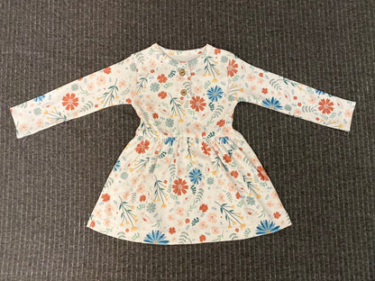 Long Sleeve Button Ribbed Organic Printed Cotton Dress